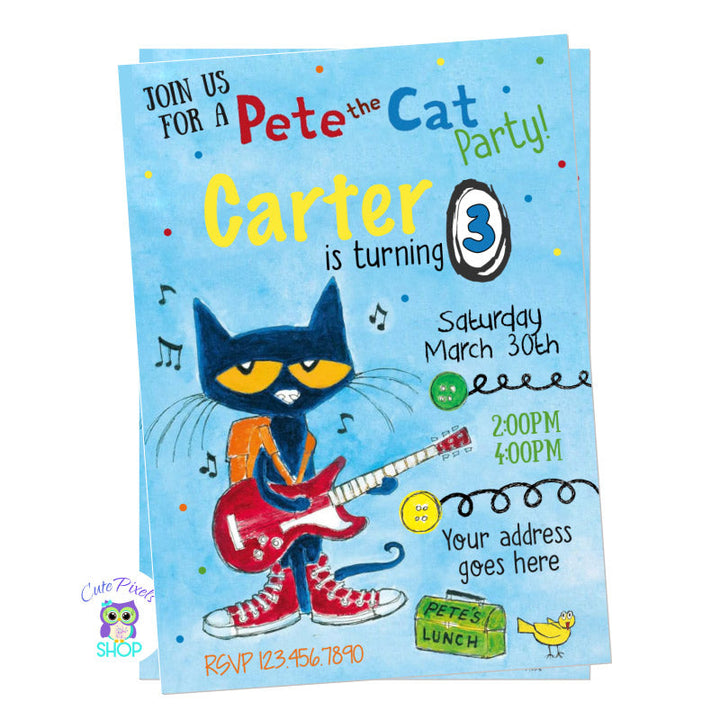 Pete the cat invitation. Blue background with Pete playing the guitar, buttons, Pete's lunch and bird. Perfect for a Pete the Cat Birthday Party!