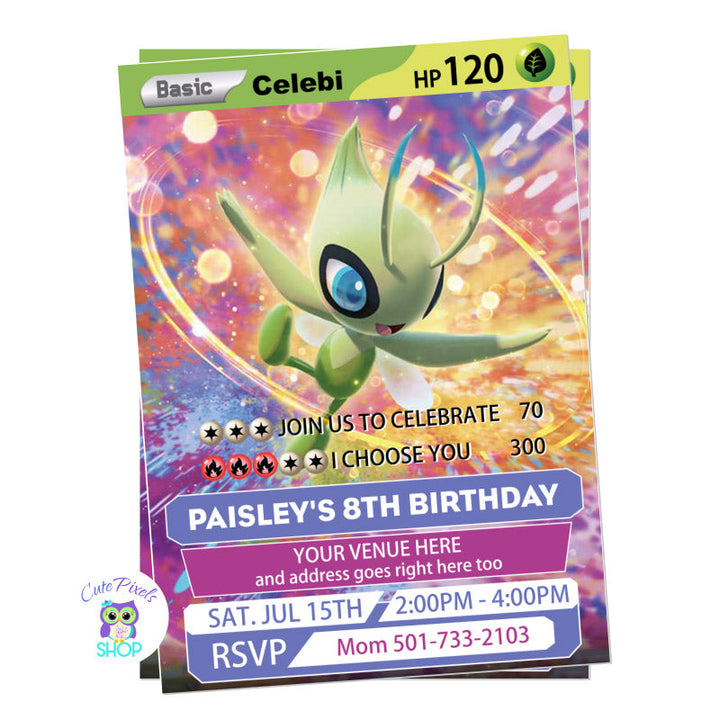 Pokemon trading card invitation for a Pokemon Birthday party with the trading card design featuring Celebi