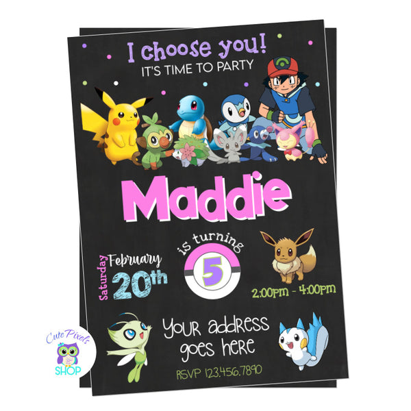 Pokemon invitation for girl with lots of cute pokemon monsters, and girly colors. Perfect for a girl who loves Pokemon