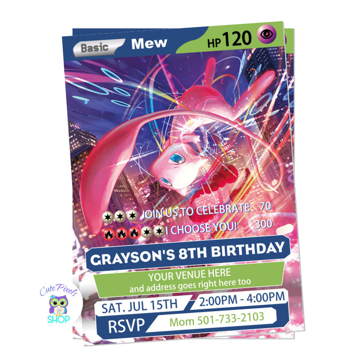 Pokemon trading card invitation for a Pokemon Birthday party with the trading card design featuring Mew. Blue