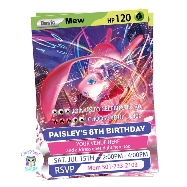 Pokemon trading card invitation for a Pokemon Birthday party with the trading card design featuring Mew