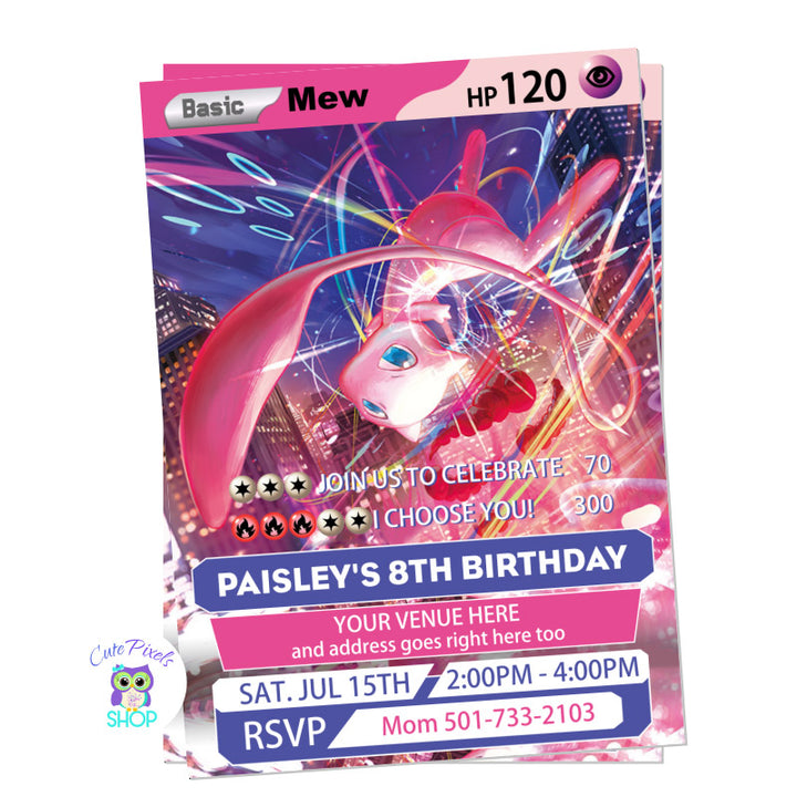 Pokemon trading card invitation for a Pokemon Birthday party with the trading card design featuring Mew