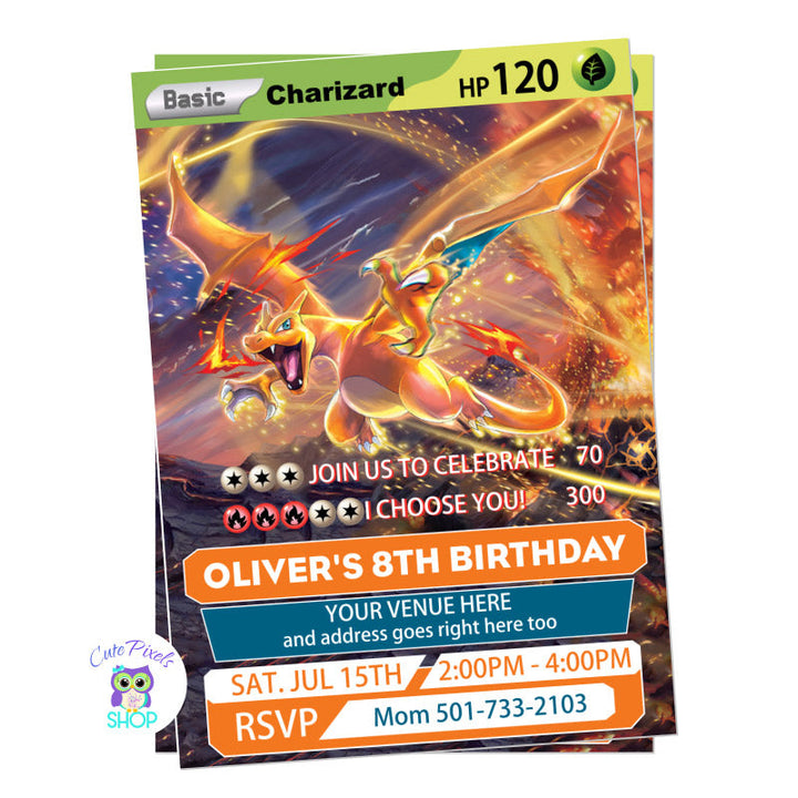 Pokemon trading card invitation for a Pokemon Birthday party with the trading card design featuring Charizard