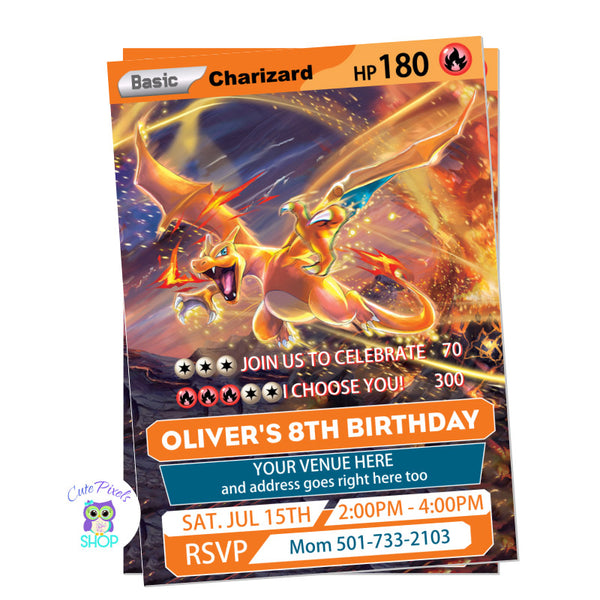 Pokemon trading card invitation for a Pokemon Birthday party with the trading card design featuring Charizard