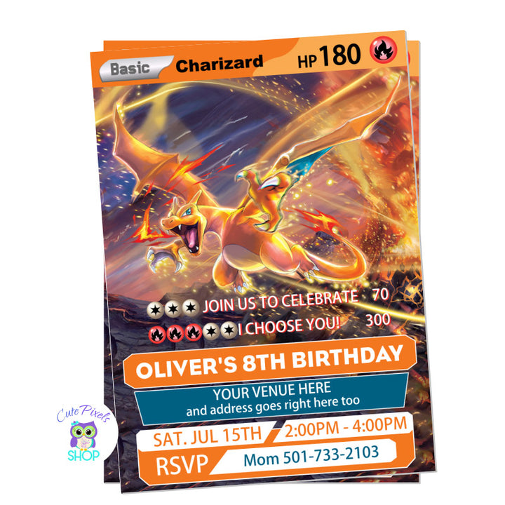 Pokemon trading card invitation for a Pokemon Birthday party with the trading card design featuring Charizard