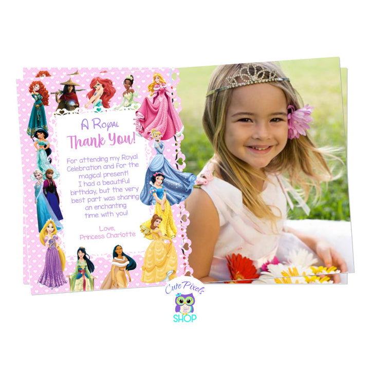 Thank you card with all Disney Princess around in a pink background. Includes child's photo