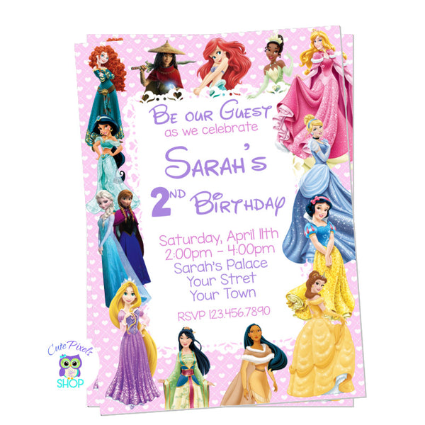 Disney Princess Invitation with all the Disney princess in a pink background with hearts.