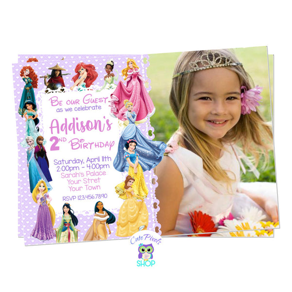 Disney Princess Invitation with all the Disney princess in a purple background with hearts. Includes child's photo
