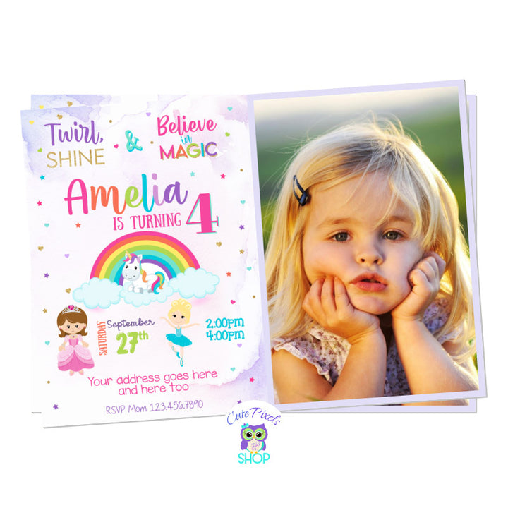 Invitation with a Unicorn, Rainbow, Princess and Ballerina perfect for a cute girl. Includes child's photo.