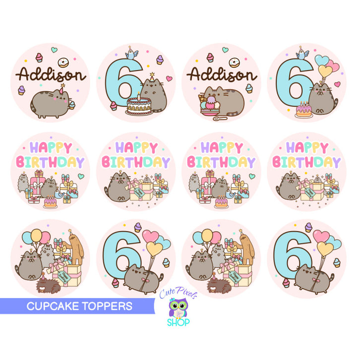 Pusheen cupcake Toppers perfect for a Pusheen The Cat Birthday, customized with name and age, 12 round toppers. Pink Design