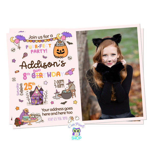 Pusheen Halloween invitation with lots of halloween Pusheen designs. Includes child's photo