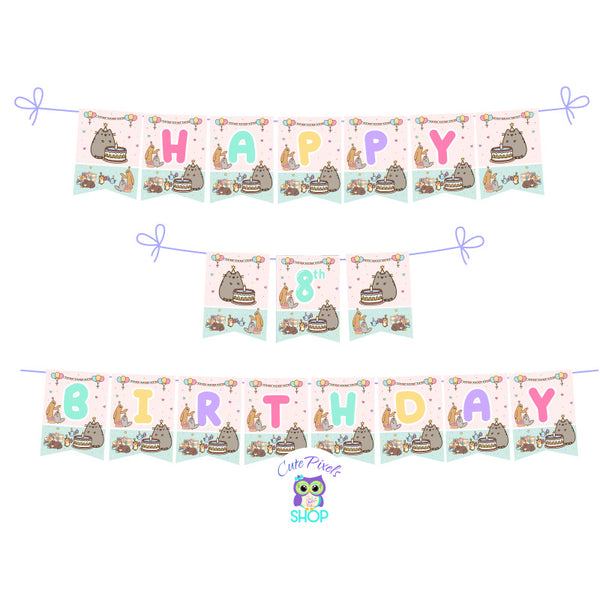 Pusheen Birthday Banner with multiple flags, saying Happy Birthday, age and child's name. Perfect to decorate your Pusheen Birthday Party