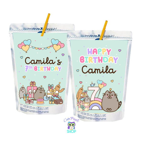 Pusheen Capri Sun labels to decorate your Pusheen the cat Birthday. Teal Design