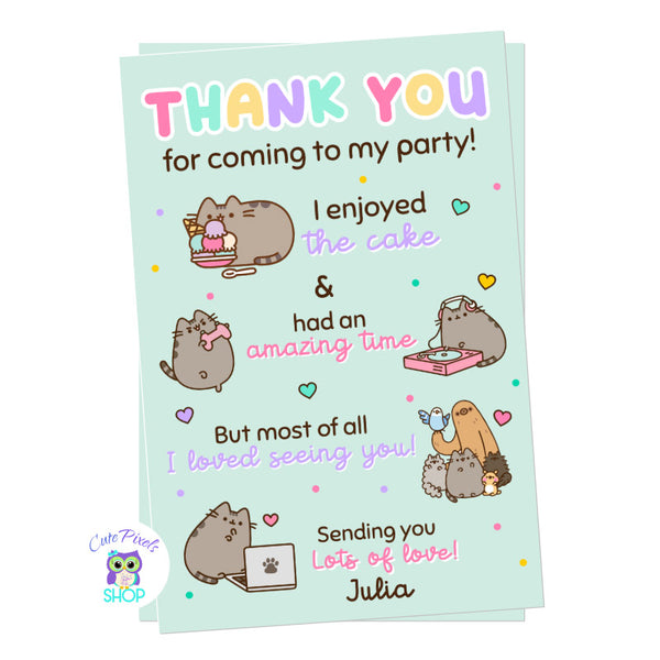 Pusheen the cat thank you card, Pusheen in multiple poses to say thanks to your guests. Teal Background