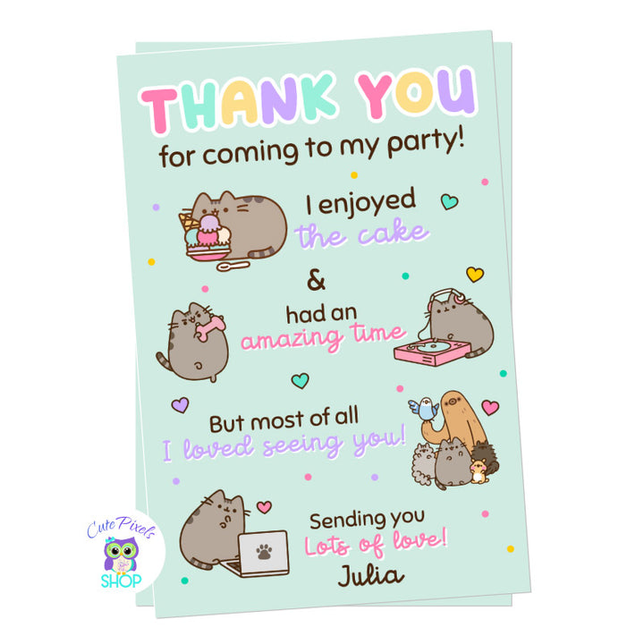 Pusheen the cat thank you card, Pusheen in multiple poses to say thanks to your guests. Teal Background