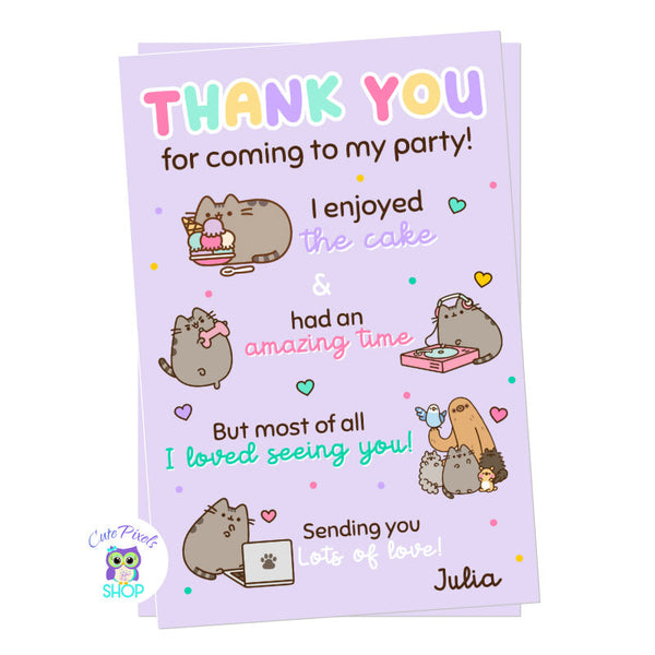 Pusheen the cat thank you card, Pusheen in multiple poses to say thanks to your guests. Purple Design
