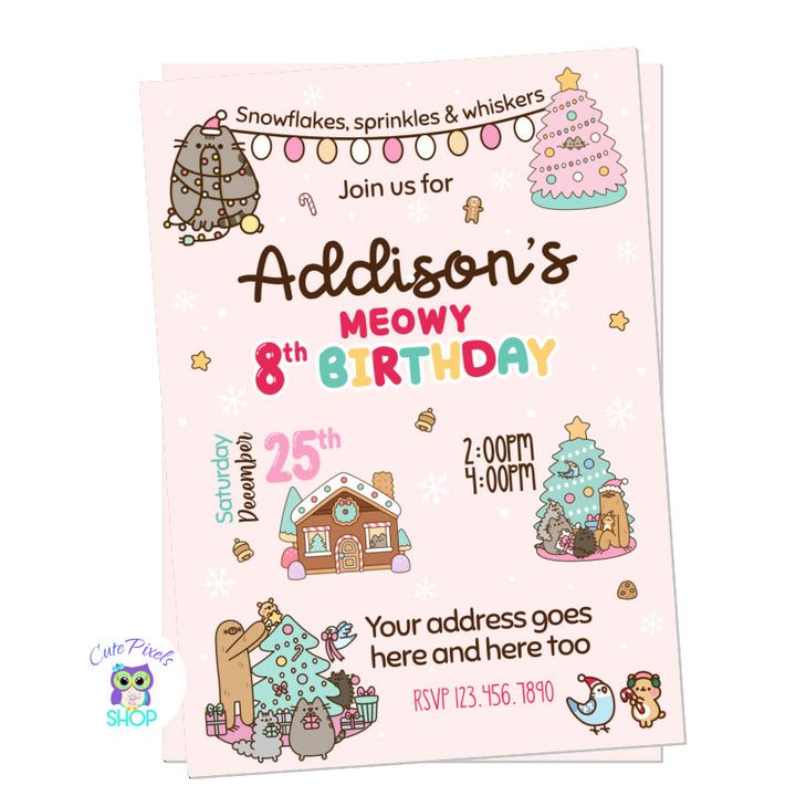 Pusheen Christmas Birthday invitation with all the Christmas charm perfect for a Pusheen Birthday Fan. Pink design