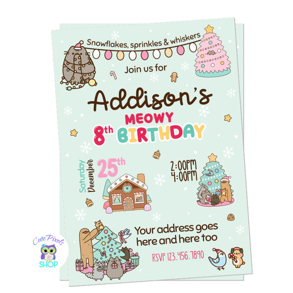 Pusheen Christmas Birthday invitation with all the Christmas charm perfect for a Pusheen Birthday Fan. Teal design