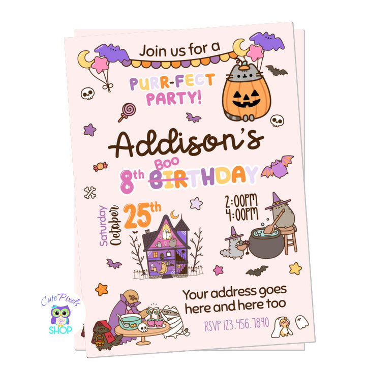Pusheen Halloween invitation with lots of halloween Pusheen designs. 
