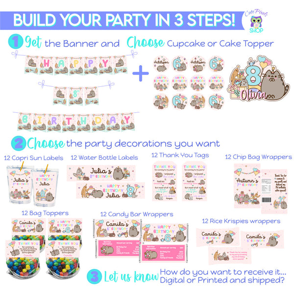 Pusheen Party Decorations, kit including Banner, Cake or Cupcake Toppers and labels like Candy bar, Chip Bag & Rice Krispies wrappers, Capri Sun and Water Bottle Labels.. Perfect to decorate your Pusheen the cat party! Pink Design