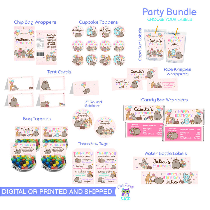 Pusheen Party Labels Package to decorate your Pusheen Birthday party including Chip Bag, Candy bar, Rice Krispies Wrappers, Capri Sun and Water Bottle Labels, Tent Cards, Tags and more. Pink Design