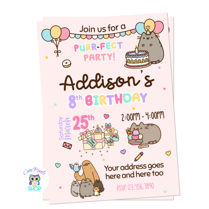 Pusheen birthday invitation with Balloons, and a birthday banner. Pusheen with cake, ice cream and gifts. Perfect for a Pusheen Birthday party. Design in pink