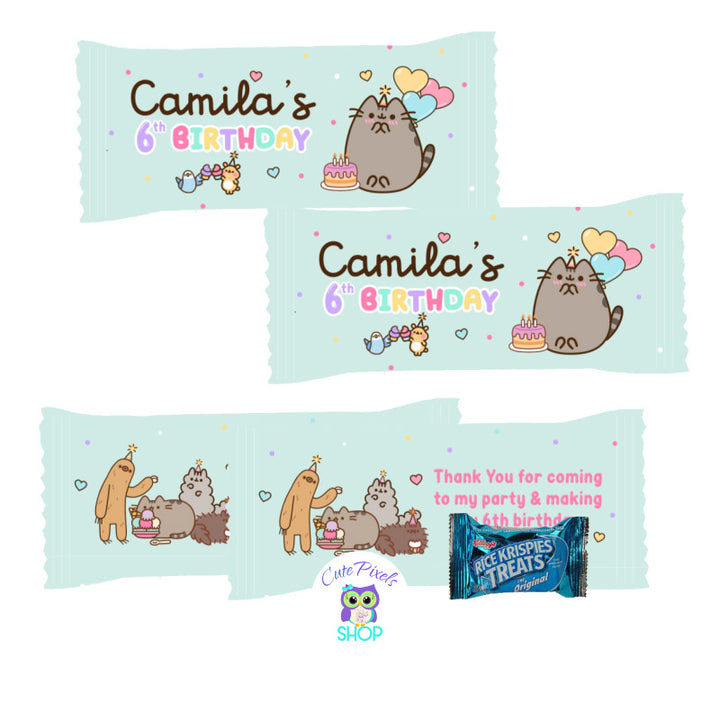 Pusheen Rice Krispies Wrappers to decorate your treats at you Pusheen Birthday party. Teal Design