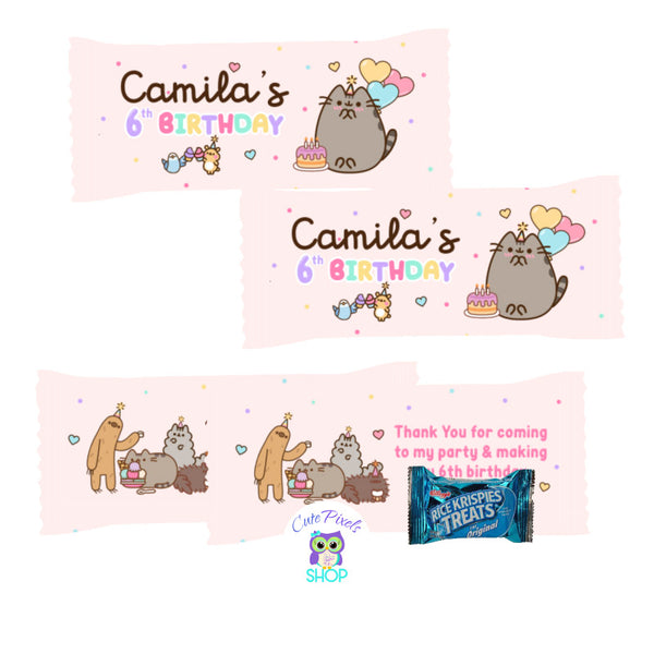 Pusheen Rice Krispies Wrappers to decorate your treats at you Pusheen Birthday party. Pink Design