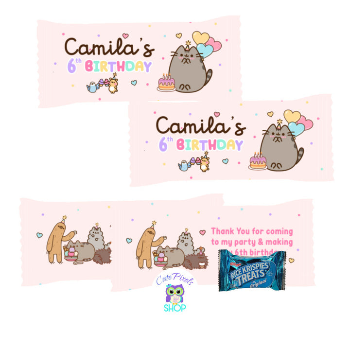 Pusheen Rice Krispies Wrappers to decorate your treats at you Pusheen Birthday party. Pink Design