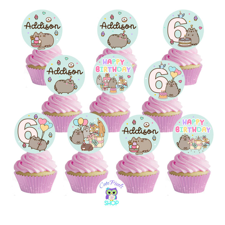 Pusheen cupcake Toppers perfect for a Pusheen The Cat Birthday, customized with name and age. Teal Design