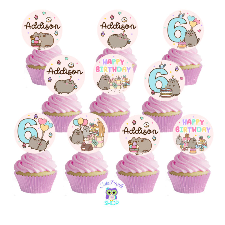 Pusheen cupcake Toppers perfect for a Pusheen The Cat Birthday, customized with name and age. Pink Design