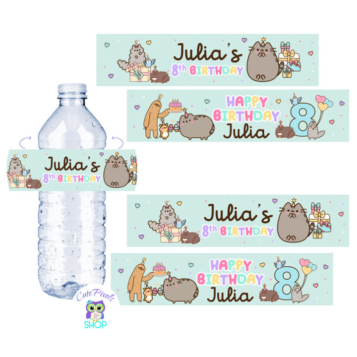 Pusheen Water Bottle labels to decorate your Pusheen the cat Birthday. Teal Design