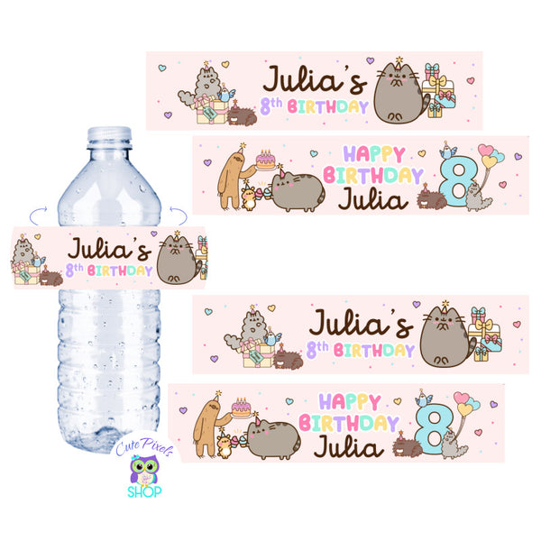 Pusheen Water Bottle labels to decorate your Pusheen the cat Birthday. Pink Design