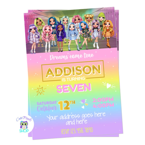 Rainbow High Dolls Invitation in Pastel colors with lots of Rainbow High Dolls and a rainbow pastel color background.