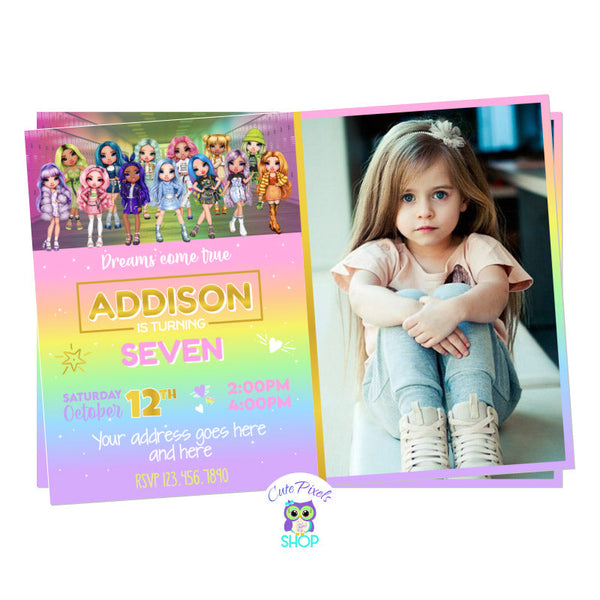 Rainbow High Dolls Invitation in Pastel colors with lots of Rainbow High Dolls and a rainbow pastel color background. Include's child's photo