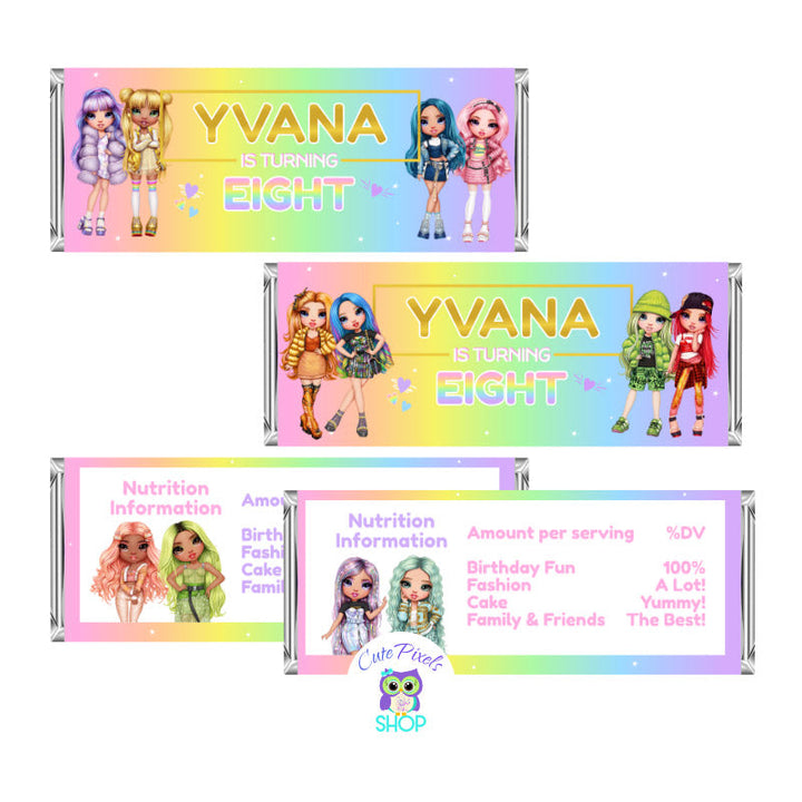 Rainbow High Candy Bar Wrappers in pastel colors to use as party favors in your Rainbow High Dolls Birthday Party. Two designs included