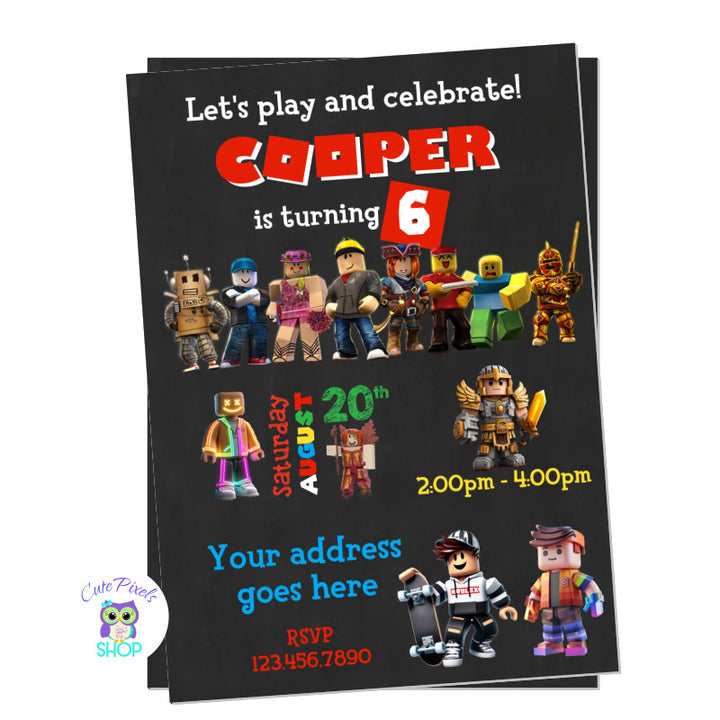 Roblox Birthday invitation with Roblox characters and text on a Chalkboard background