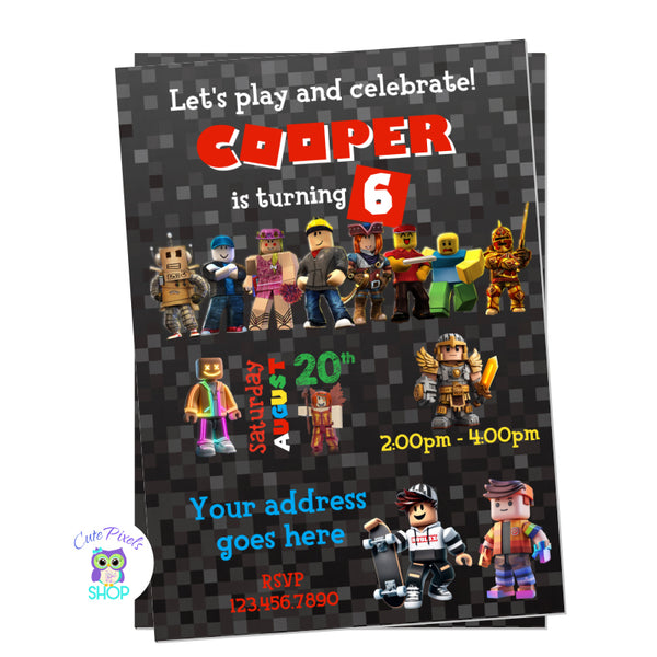Roblox Birthday invitation with Roblox characters and text on a pixelated black background