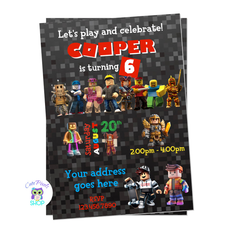 Roblox Birthday invitation with Roblox characters and text on a pixelated black background