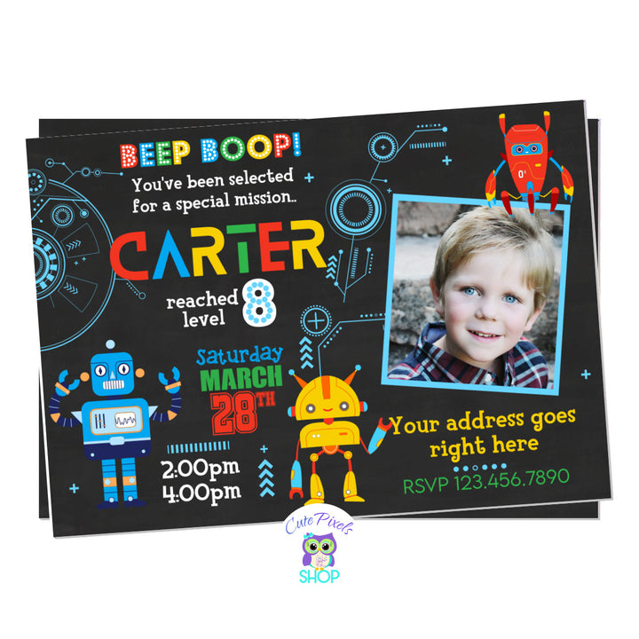 Robot Birthday Invitation with Photo - Tech Science Party – Cute Pixels ...