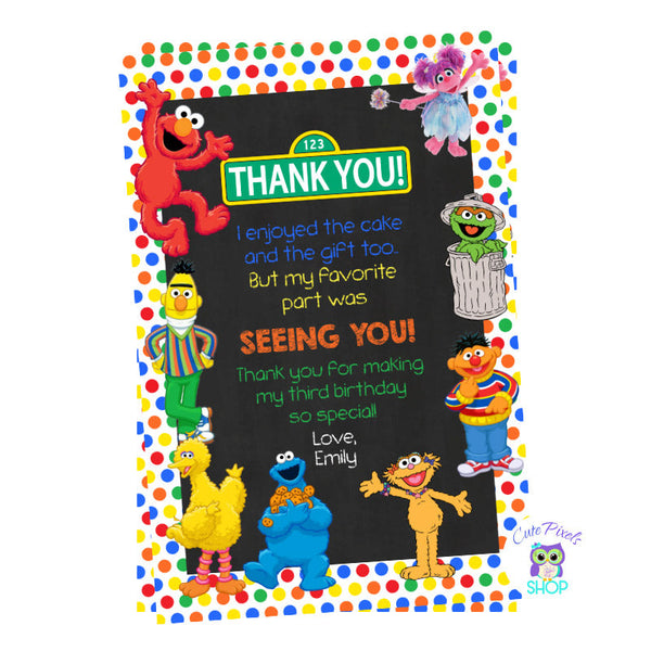 Sesame Street Birthday Thank You Card with multicolored dots and chalkboard background, having Elmo, Bert. Ernie, Abby, Zoe, Cookie Monster, Big Bird and Oscar