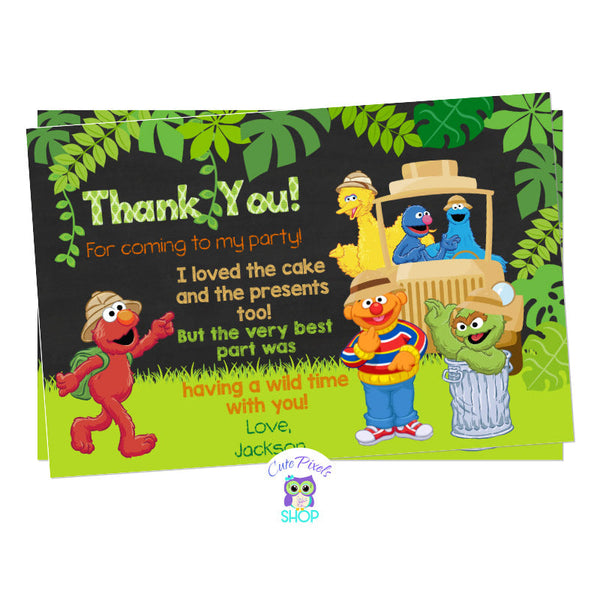 Sesame street safari thank you card with Elmo, Cookie Monster, Big Bird, Grover, Ernie and Oscar ready for a Safari