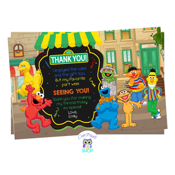 Sesame Street Birthday Thank You Card in a Sesame Street neighborhood background, having Elmo, Bert. Ernie, Abby, Zoe, Cookie Monster, Big Bird and Oscar