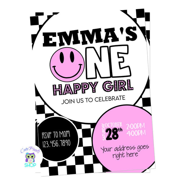 Smiley Invitation, one Happy dude or one happy girl invitation, perfect for a first birthday smiley party!. Pink Design