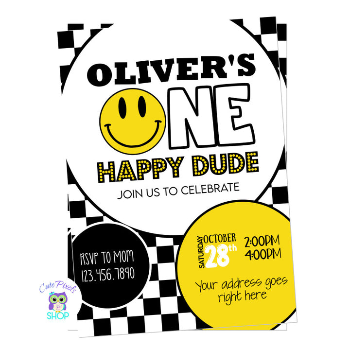 Smiley Invitation, one Happy dude or one happy girl invitation, perfect for a first birthday smiley party!. Yellow Design