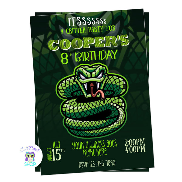 Snake Invitation, green snake birthday invitation. Birthday Invitation with a green snake.