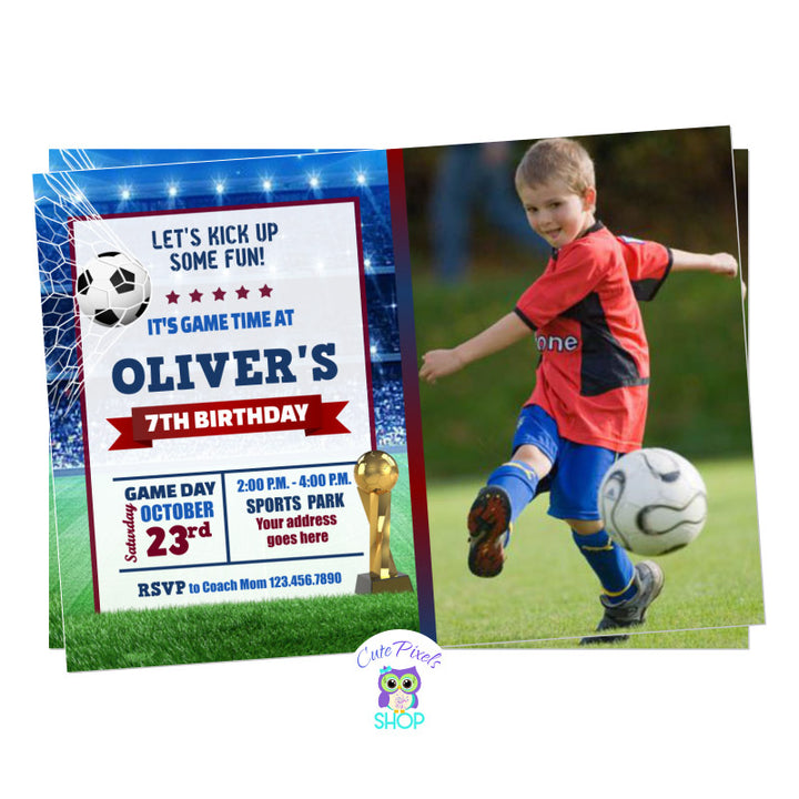 Soccer Invitation, Futbol Invitation. A stadium background with the soccer ball in the net and soccer cup, perfect for a sports birthday. Includes child's photo