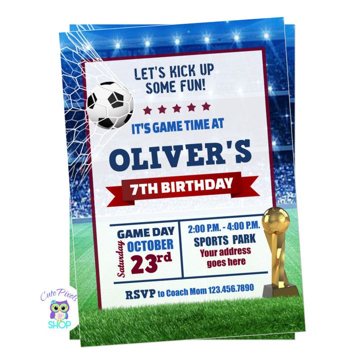 Soccer Invitation, Futbol Invitation. A stadium background with the soccer ball in the net and soccer cup, perfect for a sports birthday