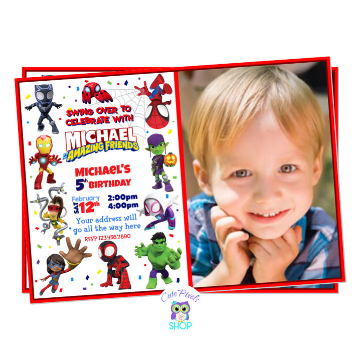 Spidey and His amazing friends Invitation with all Marvel Characters, Iron Man, Hulk, Green Goblin, Black Panther. Includes Child's Photo
