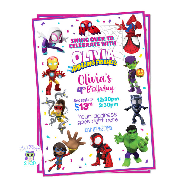 Spidey and his amazing friends invitation with the Marvel characters, in pink and purple colors for girl.